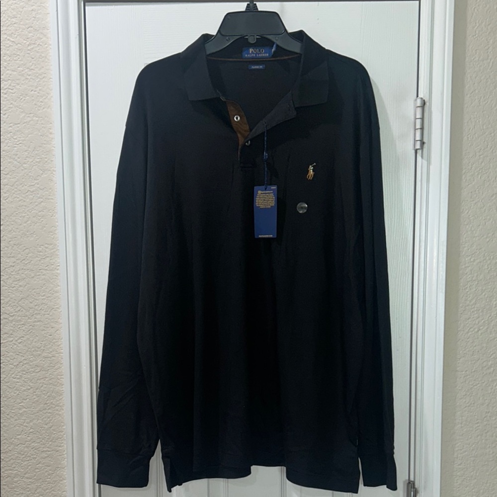 Polo Ralph Lauren Big & Tall Men's Solid Interlock Long Sleeve Polo Shirt, Black
